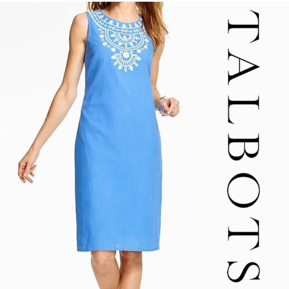 Talbots Blue Cotton Shift Dress White Embroidery Sleeveless Size 14 NWT